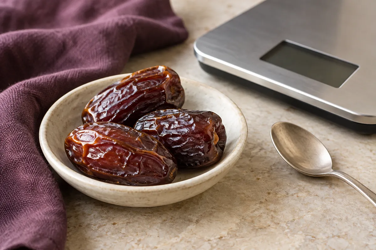 A small dish of Medjool dates beside kitchen scales