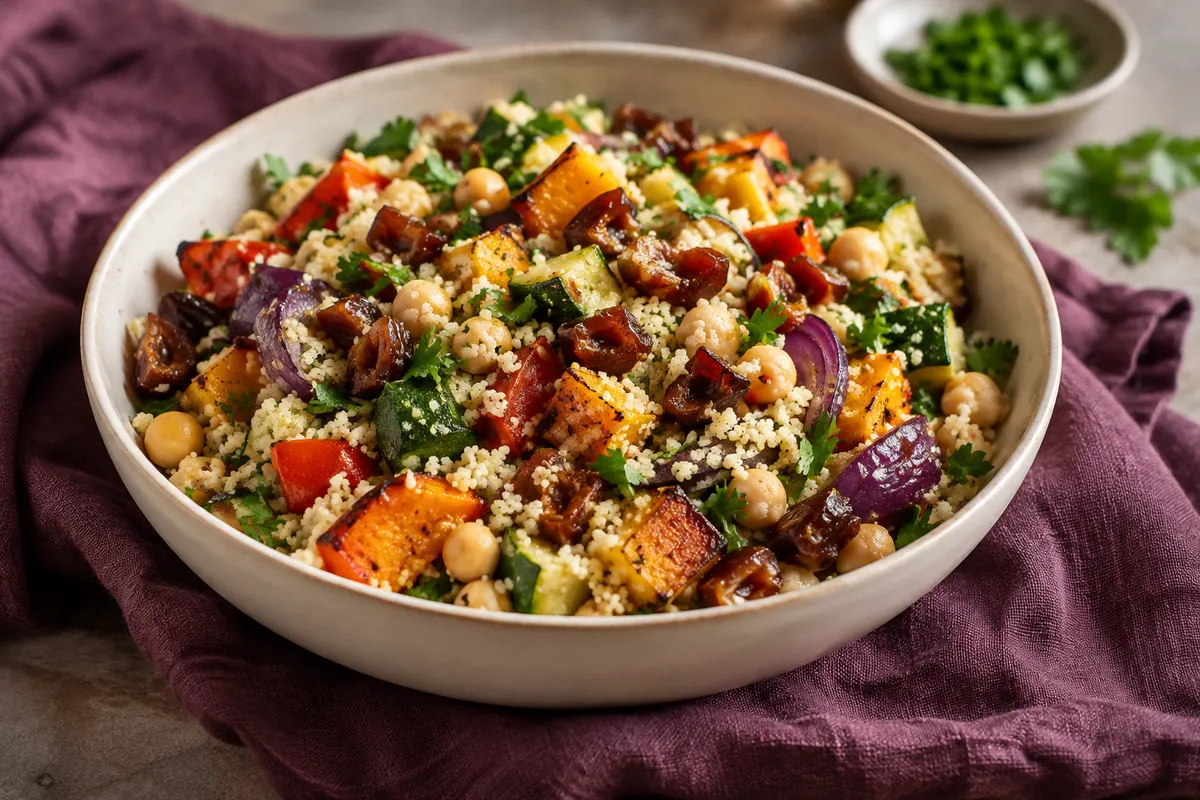 Vegetable couscous salad with chopped dates