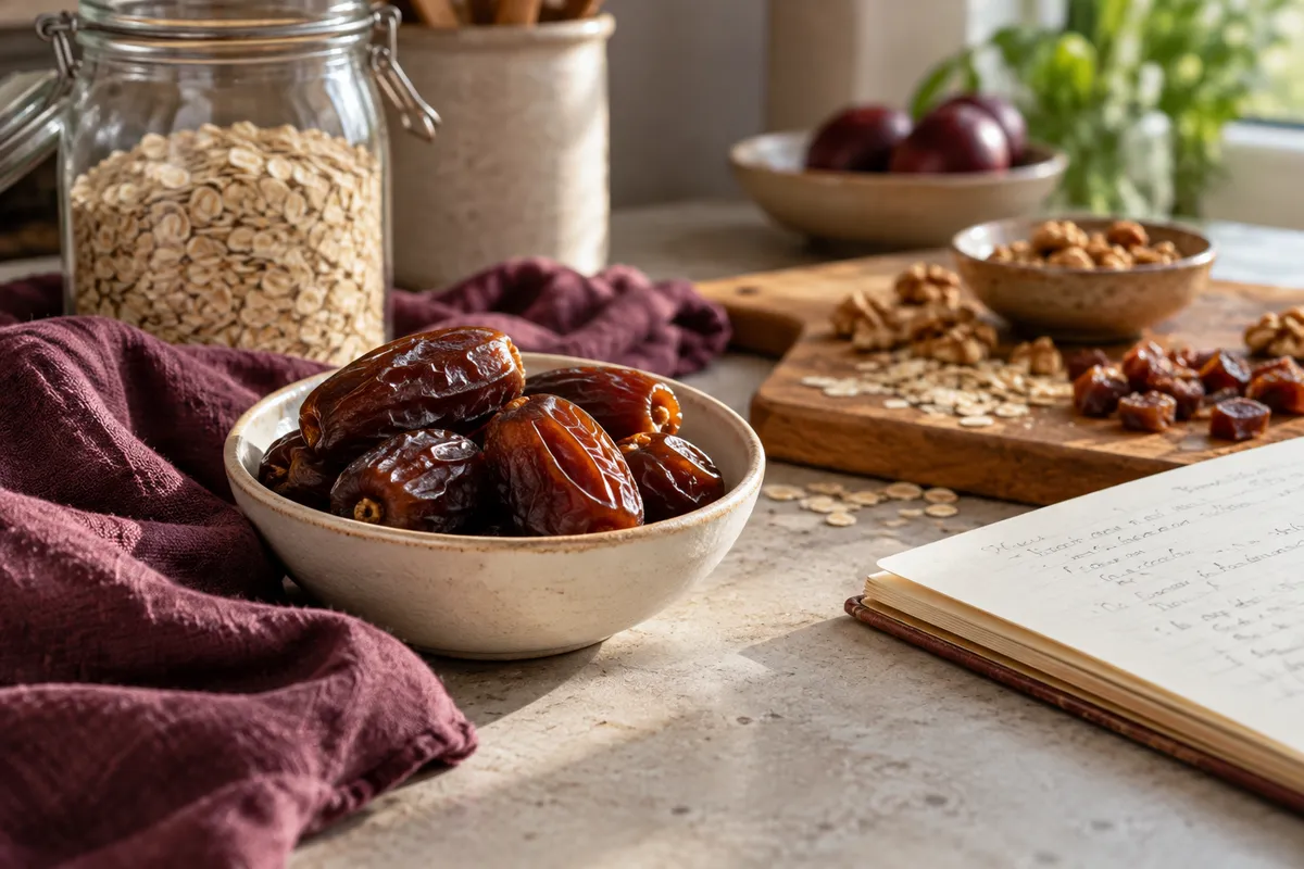 Medjool dates, oats and a recipe notebook on a kitchen worktop